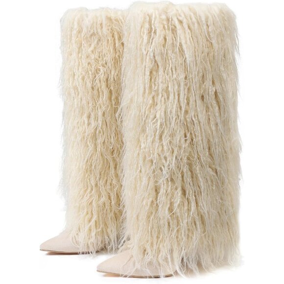 Women's Beige Kalstage Fur Knee High Heeled Wide Calf Party Fashion Boots - Picture 2 of 6